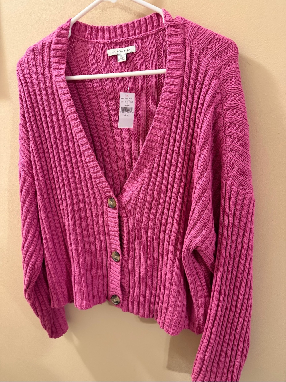 American Eagle Outfitters Pink Ribbed Button-Front Sweater